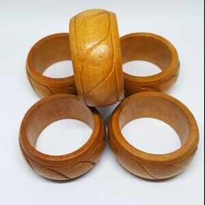 Vintage MCM Kemp & Beatley Carved Wood Wooden Napkin Rings - Set of 5